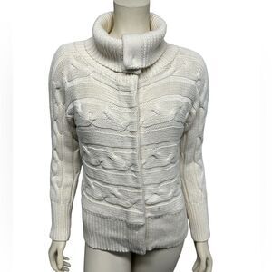 Talbots White Cable Knit Turtleneck Button Down Sweater Warm Fall Winter Cute